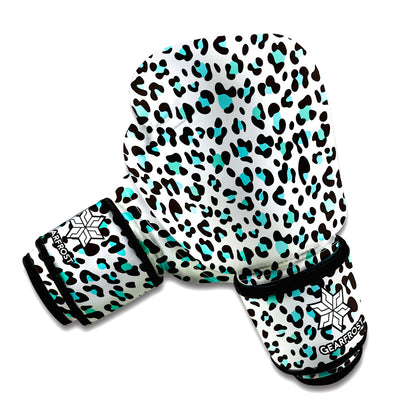 White And Teal Leopard Print Boxing Gloves