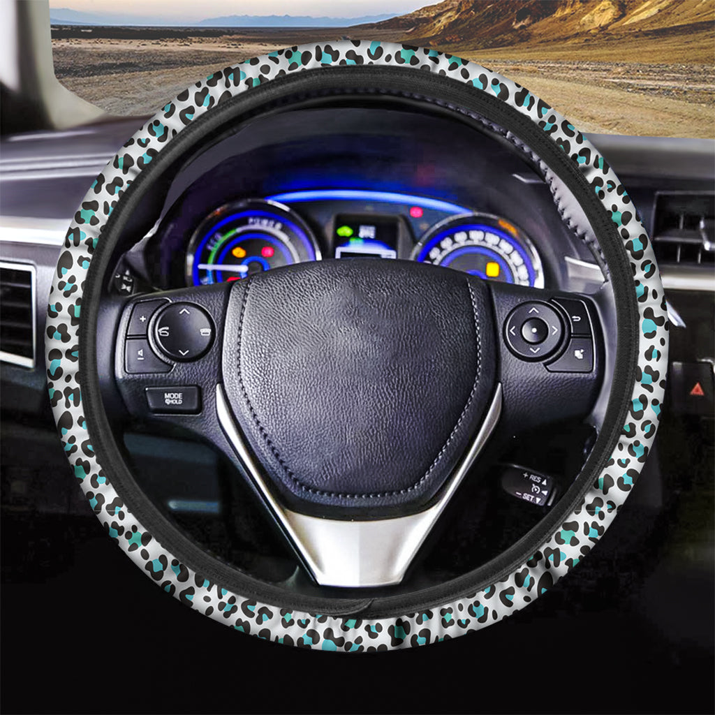 White And Teal Leopard Print Car Steering Wheel Cover
