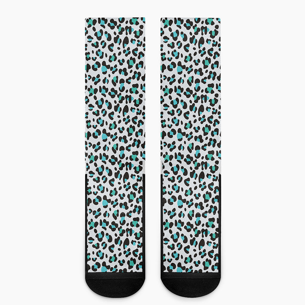 White And Teal Leopard Print Crew Socks