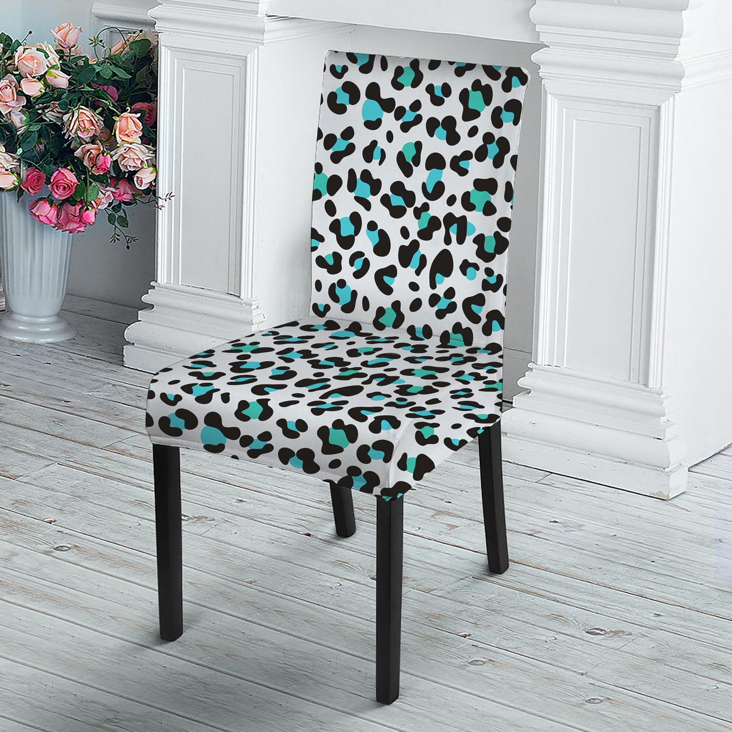White And Teal Leopard Print Dining Chair Slipcover