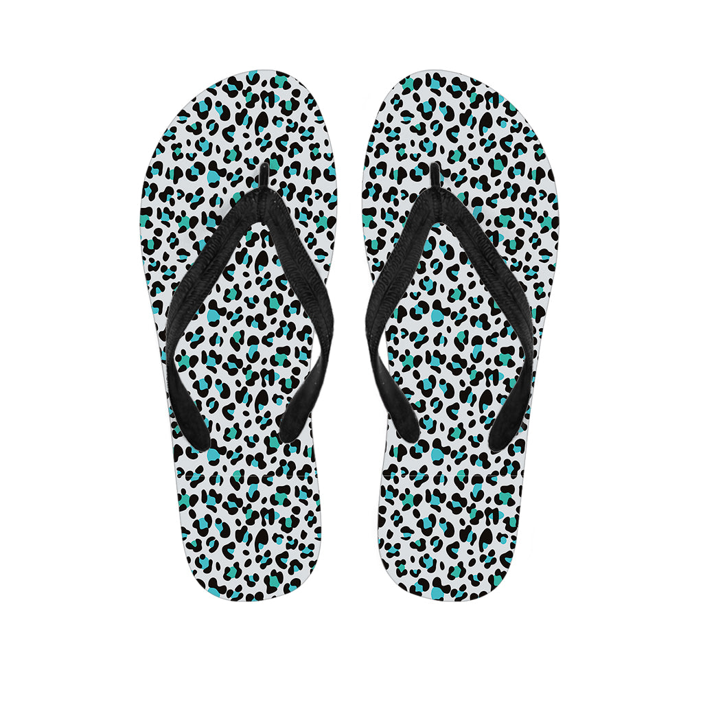 White And Teal Leopard Print Flip Flops
