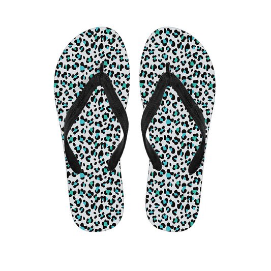 White And Teal Leopard Print Flip Flops