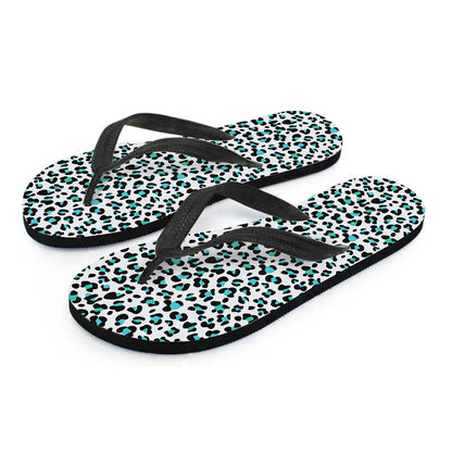 White And Teal Leopard Print Flip Flops