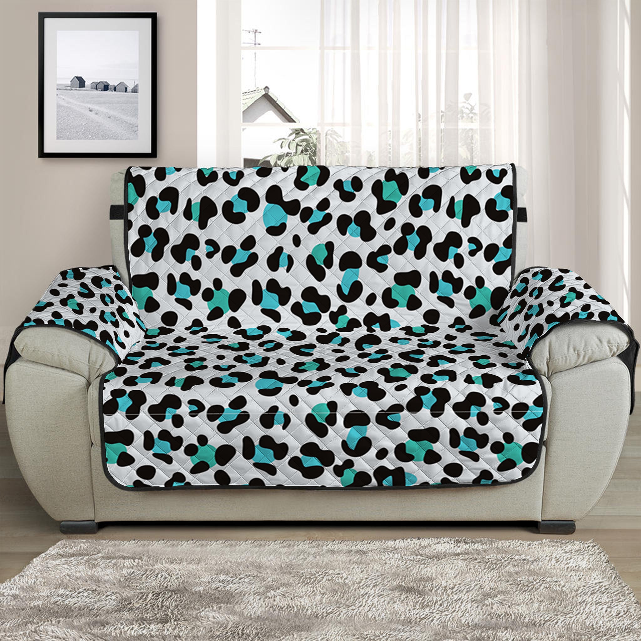 White And Teal Leopard Print Half Sofa Protector