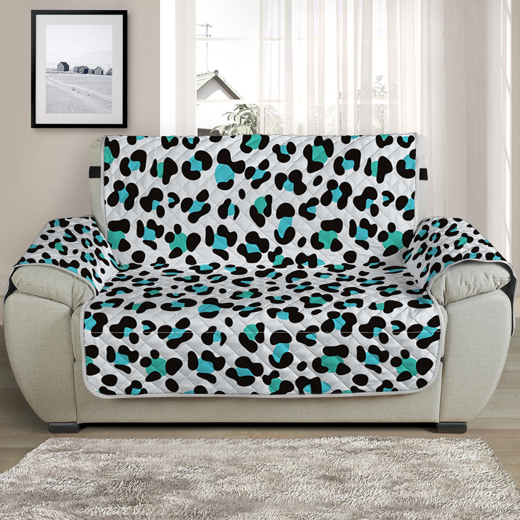 White And Teal Leopard Print Half Sofa Protector