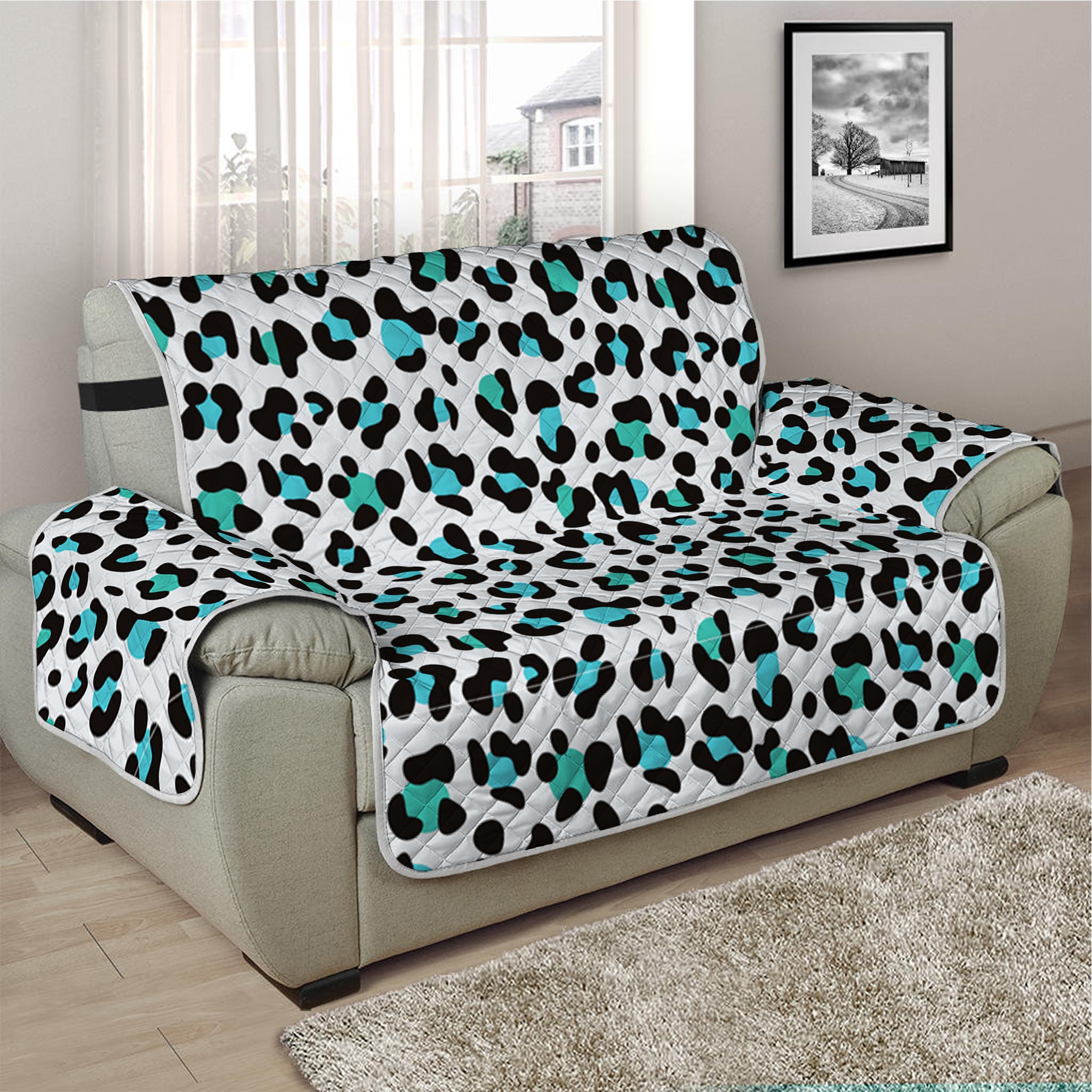 White And Teal Leopard Print Half Sofa Protector