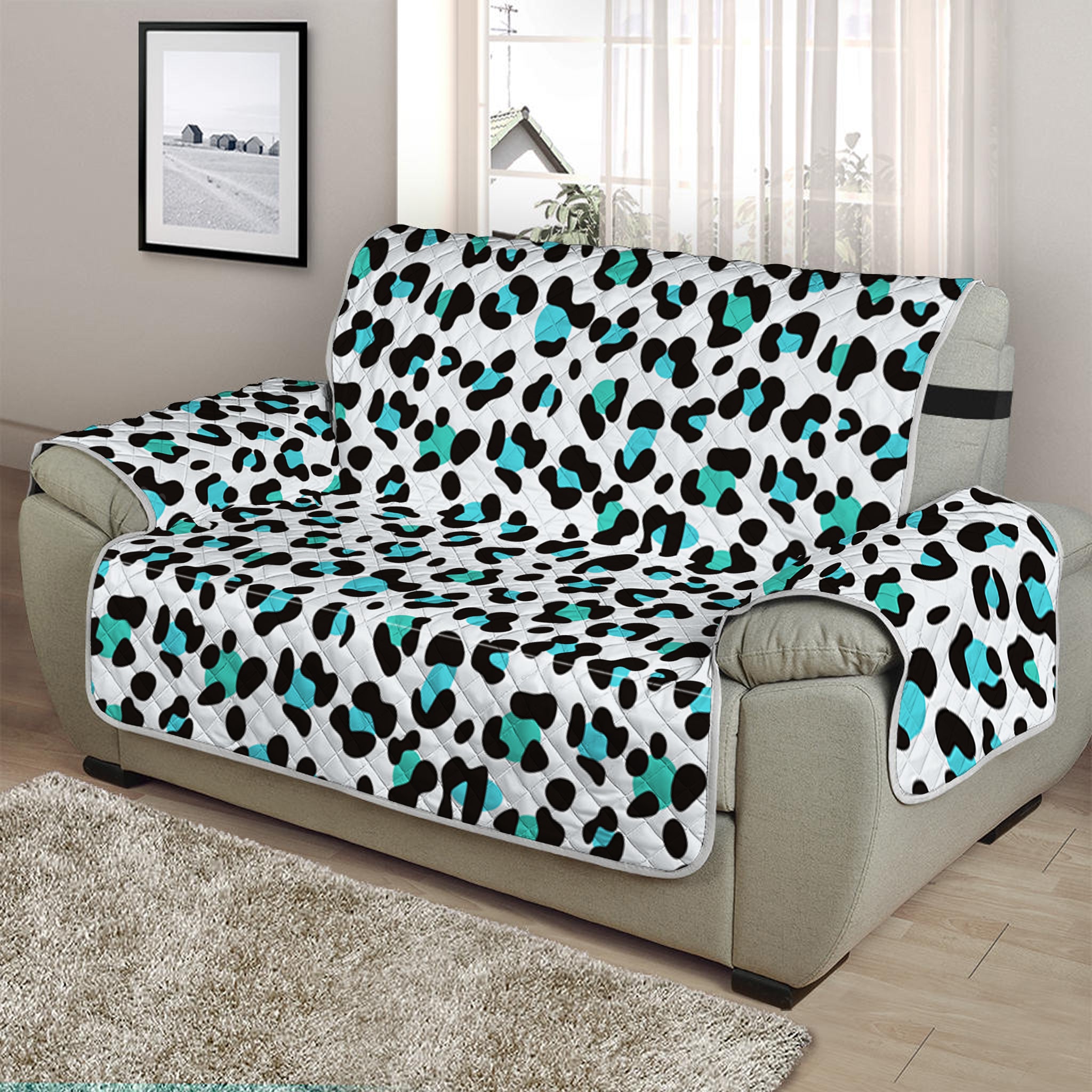 White And Teal Leopard Print Half Sofa Protector