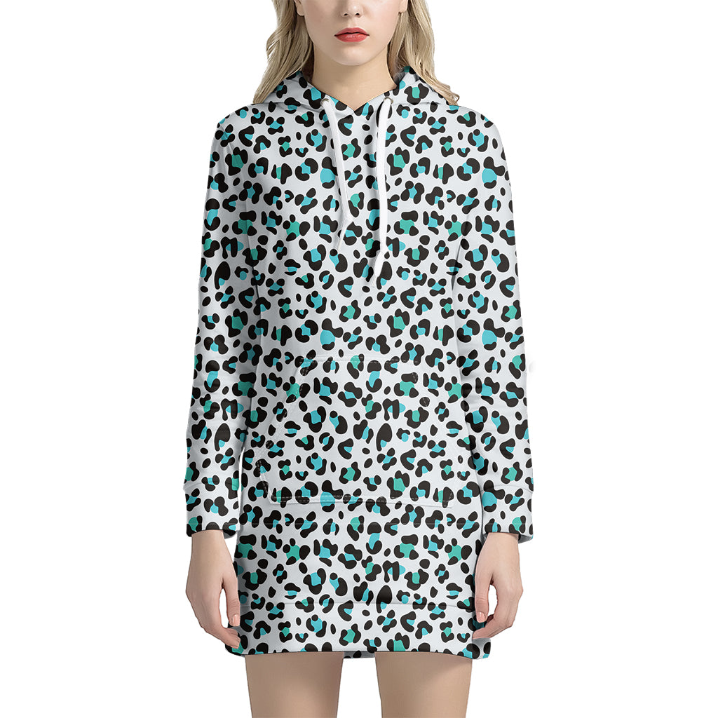 White And Teal Leopard Print Hoodie Dress