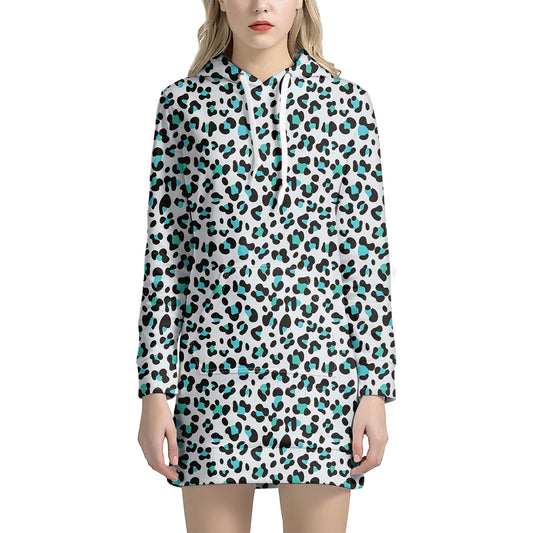 White And Teal Leopard Print Hoodie Dress