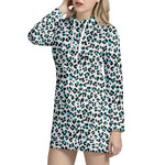 White And Teal Leopard Print Hoodie Dress
