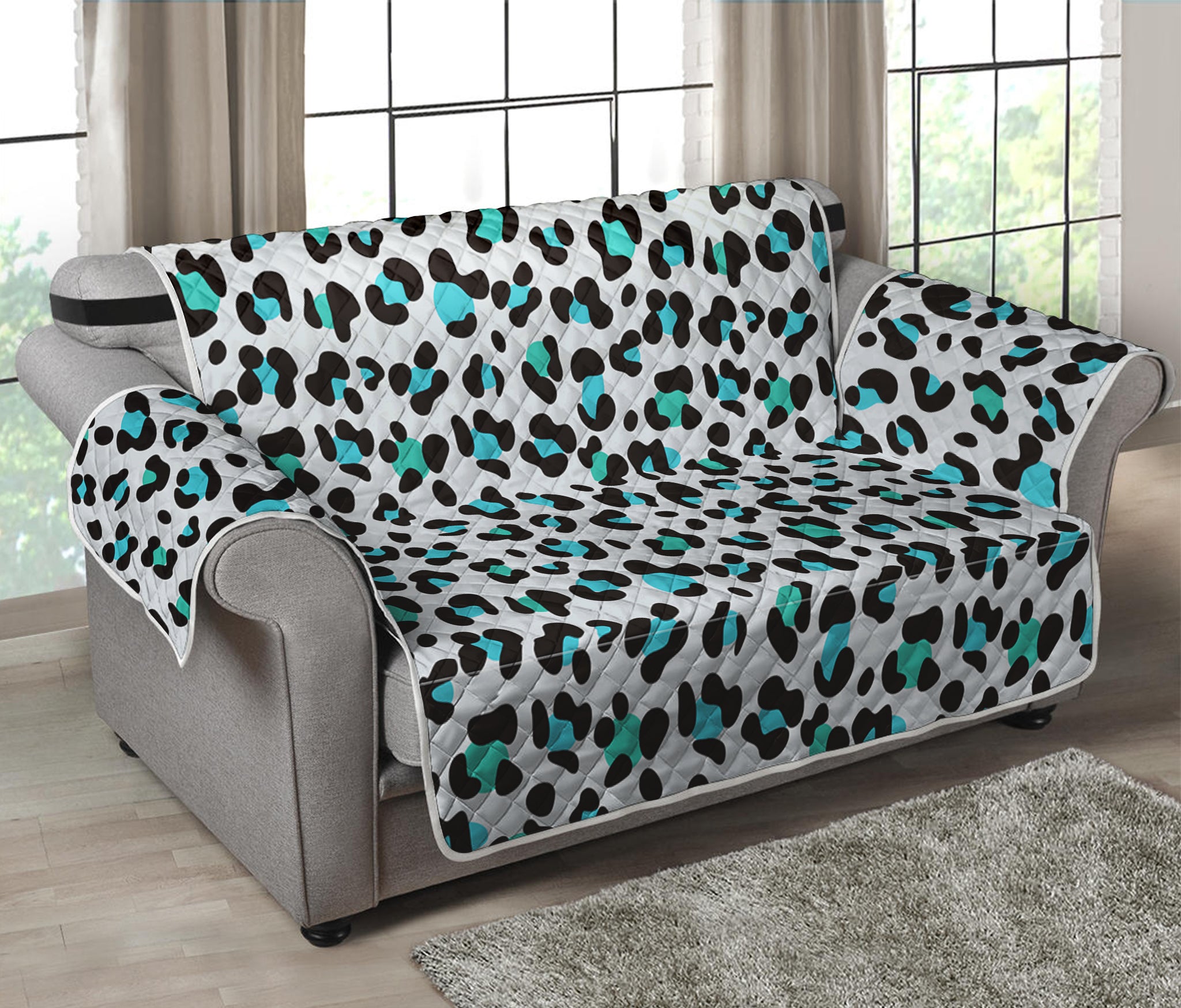 White And Teal Leopard Print Loveseat Protector