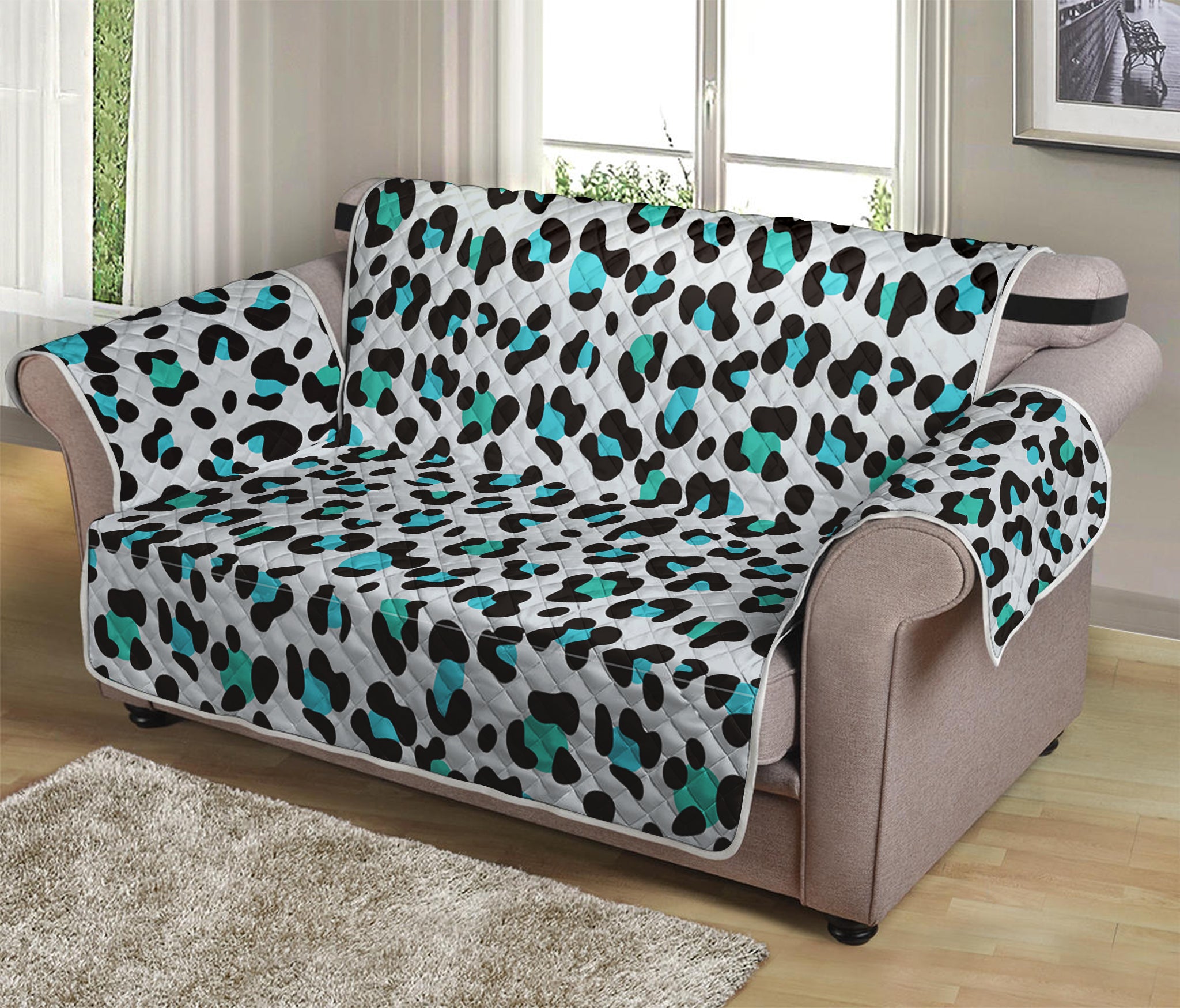 White And Teal Leopard Print Loveseat Protector