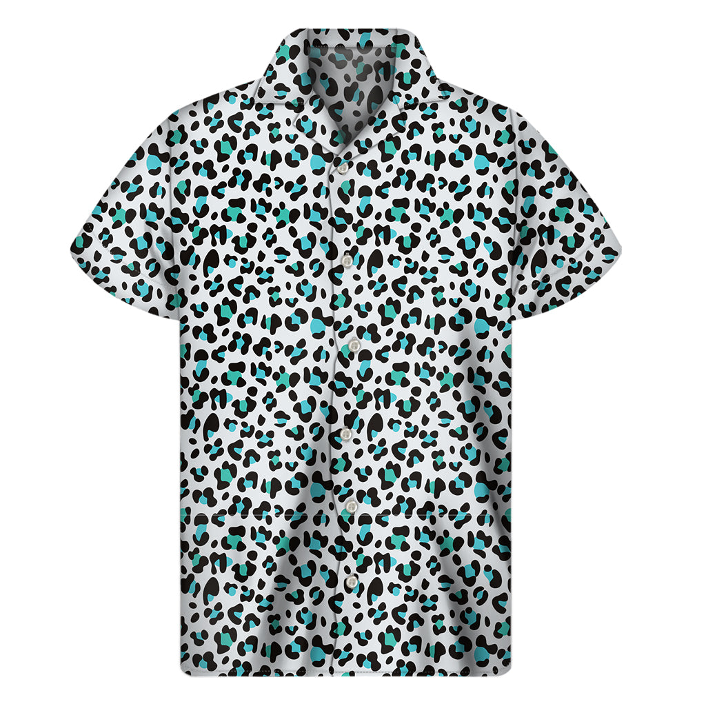 White And Teal Leopard Print Men's Short Sleeve Shirt