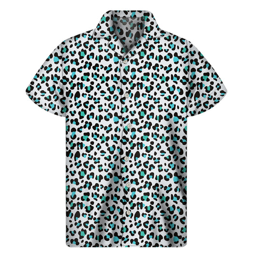 White And Teal Leopard Print Men's Short Sleeve Shirt