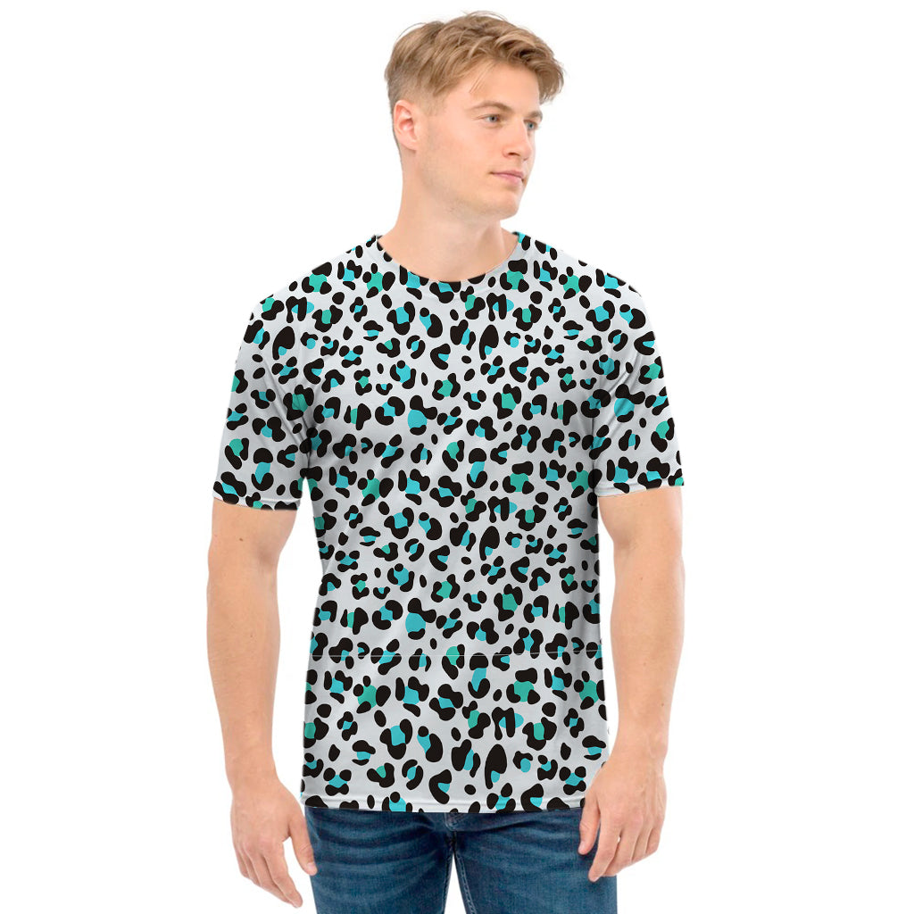 White And Teal Leopard Print Men's T-Shirt