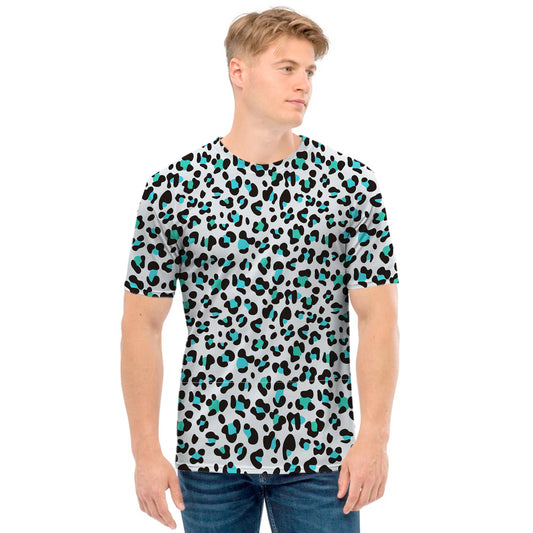 White And Teal Leopard Print Men's T-Shirt