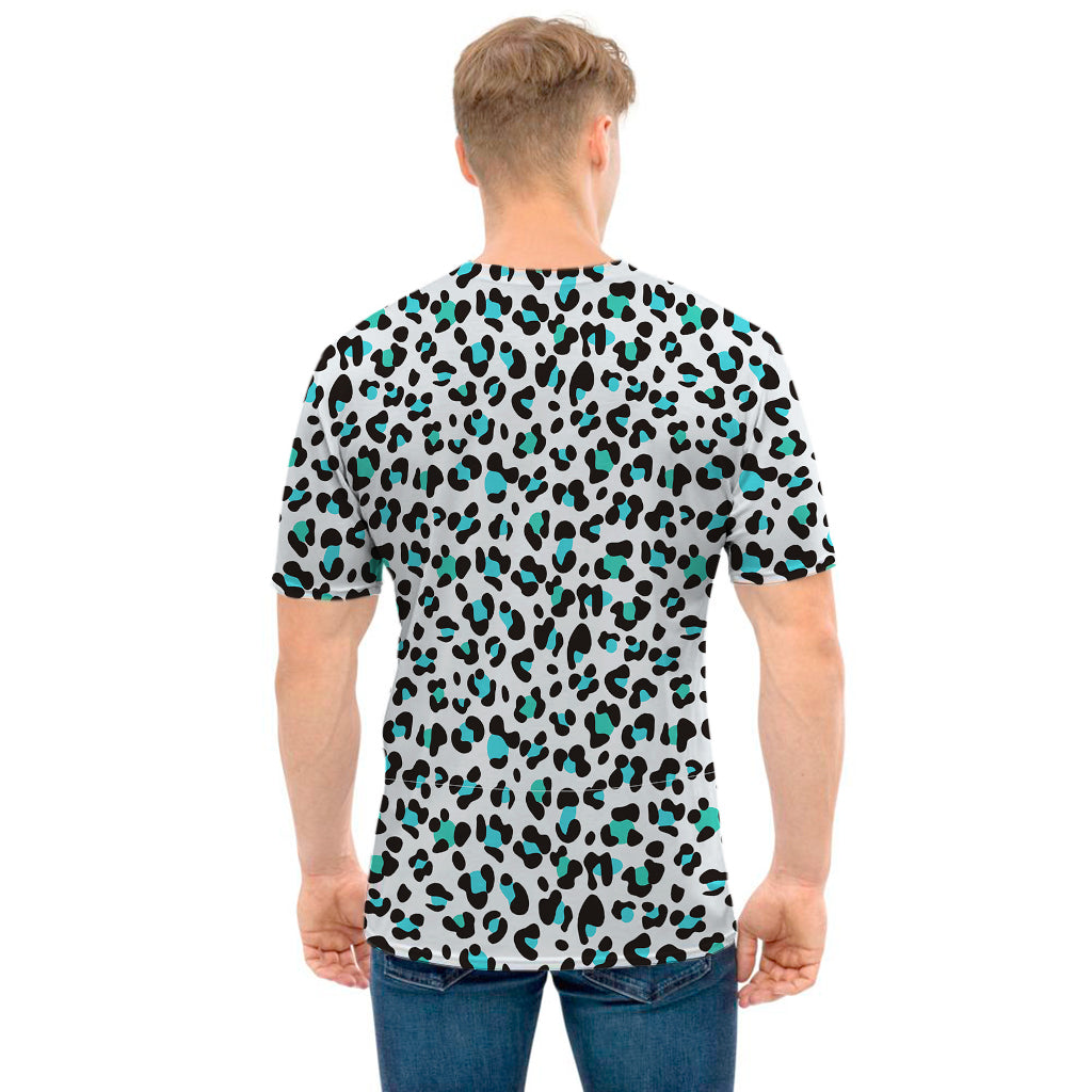 White And Teal Leopard Print Men's T-Shirt