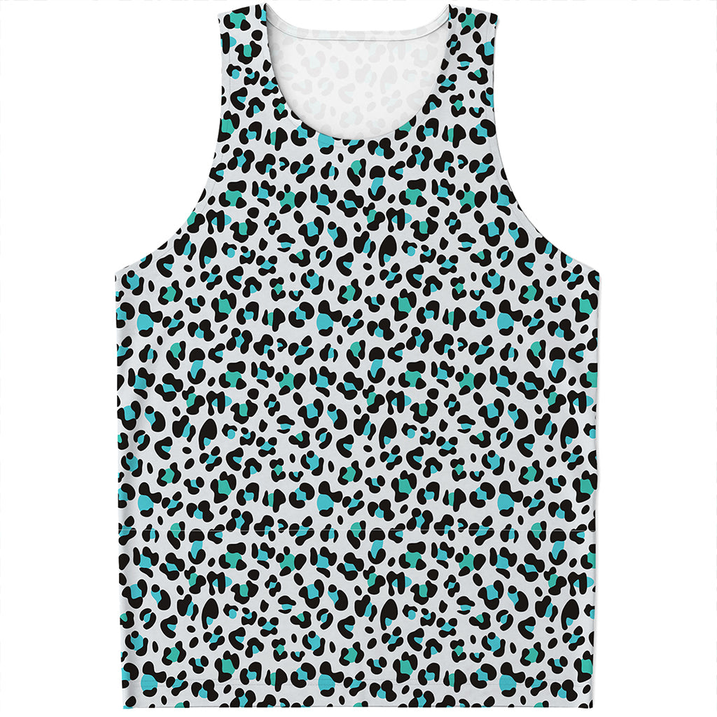 White And Teal Leopard Print Men's Tank Top