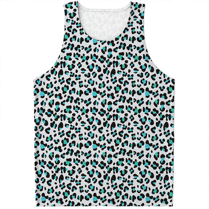 White And Teal Leopard Print Men's Tank Top