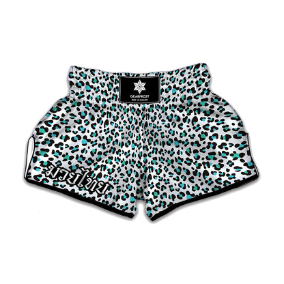 White And Teal Leopard Print Muay Thai Boxing Shorts