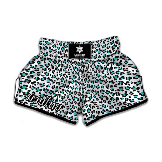 White And Teal Leopard Print Muay Thai Boxing Shorts