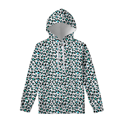 White And Teal Leopard Print Pullover Hoodie