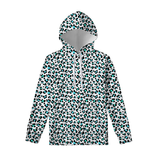 White And Teal Leopard Print Pullover Hoodie