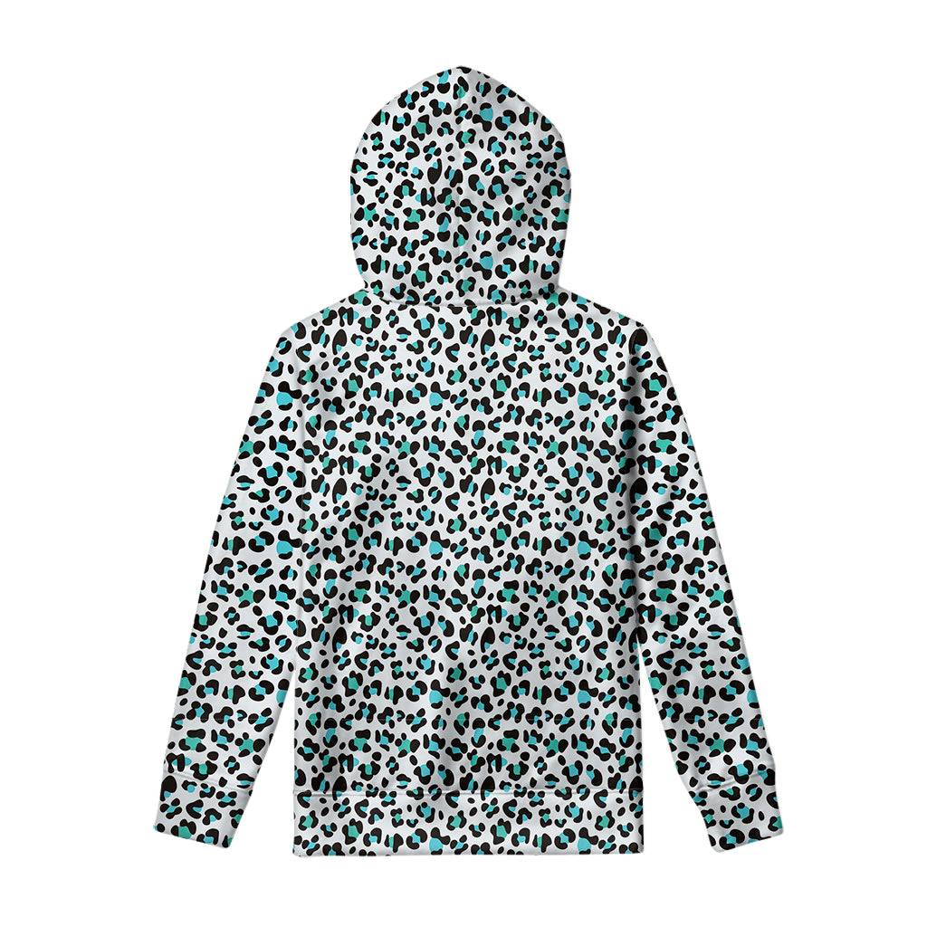 White And Teal Leopard Print Pullover Hoodie