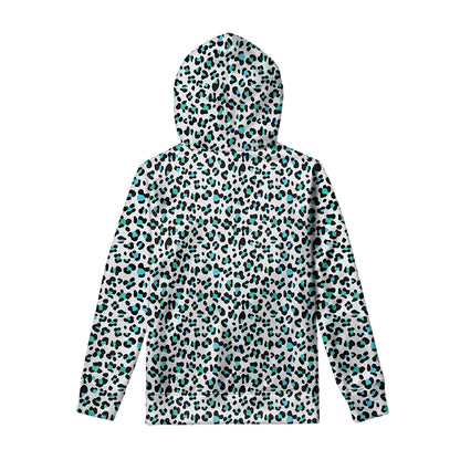 White And Teal Leopard Print Pullover Hoodie