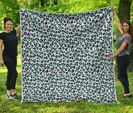 White And Teal Leopard Print Quilt