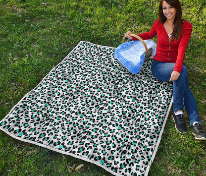 White And Teal Leopard Print Quilt