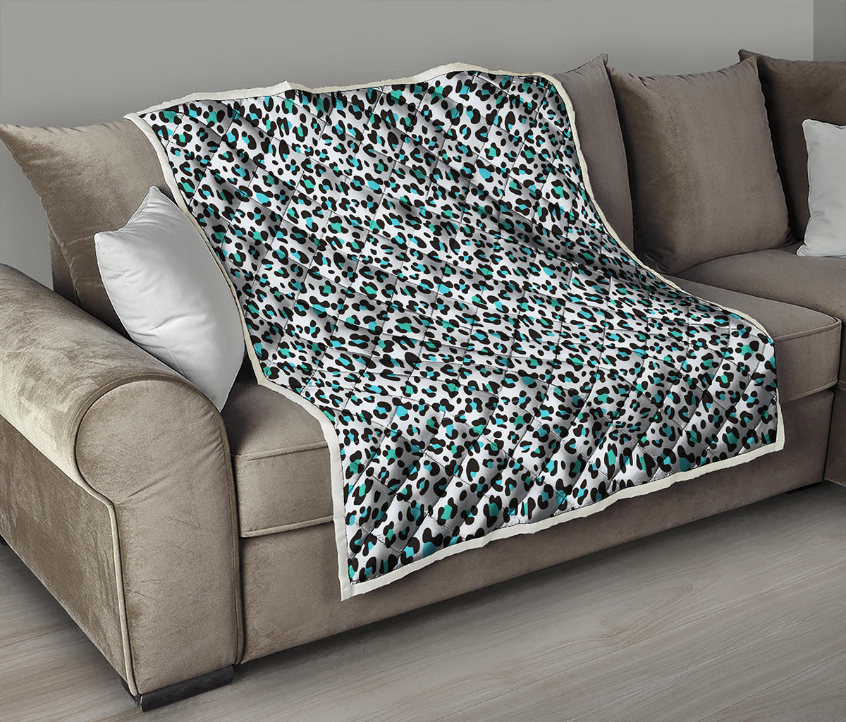 White And Teal Leopard Print Quilt
