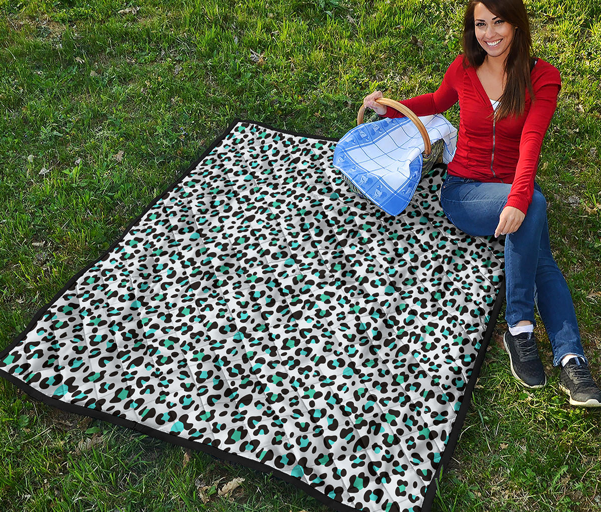 White And Teal Leopard Print Quilt