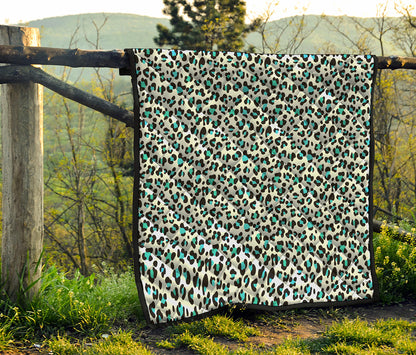 White And Teal Leopard Print Quilt