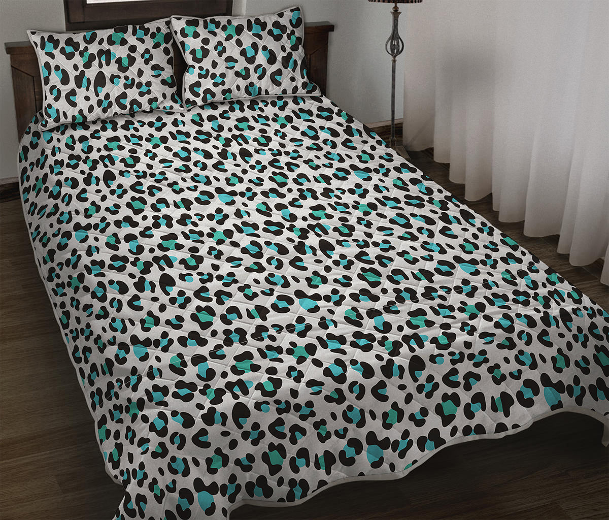 White And Teal Leopard Print Quilt Bed Set