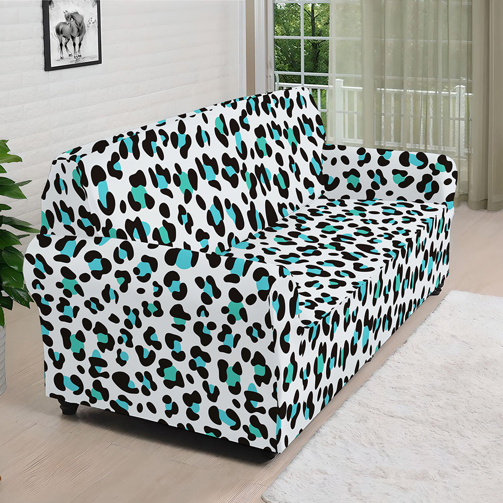 White And Teal Leopard Print Sofa Cover