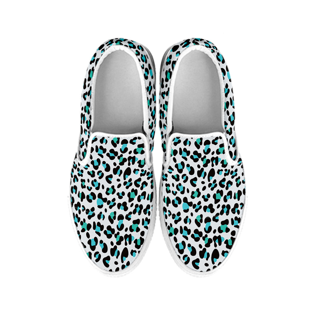 White And Teal Leopard Print White Slip On Shoes