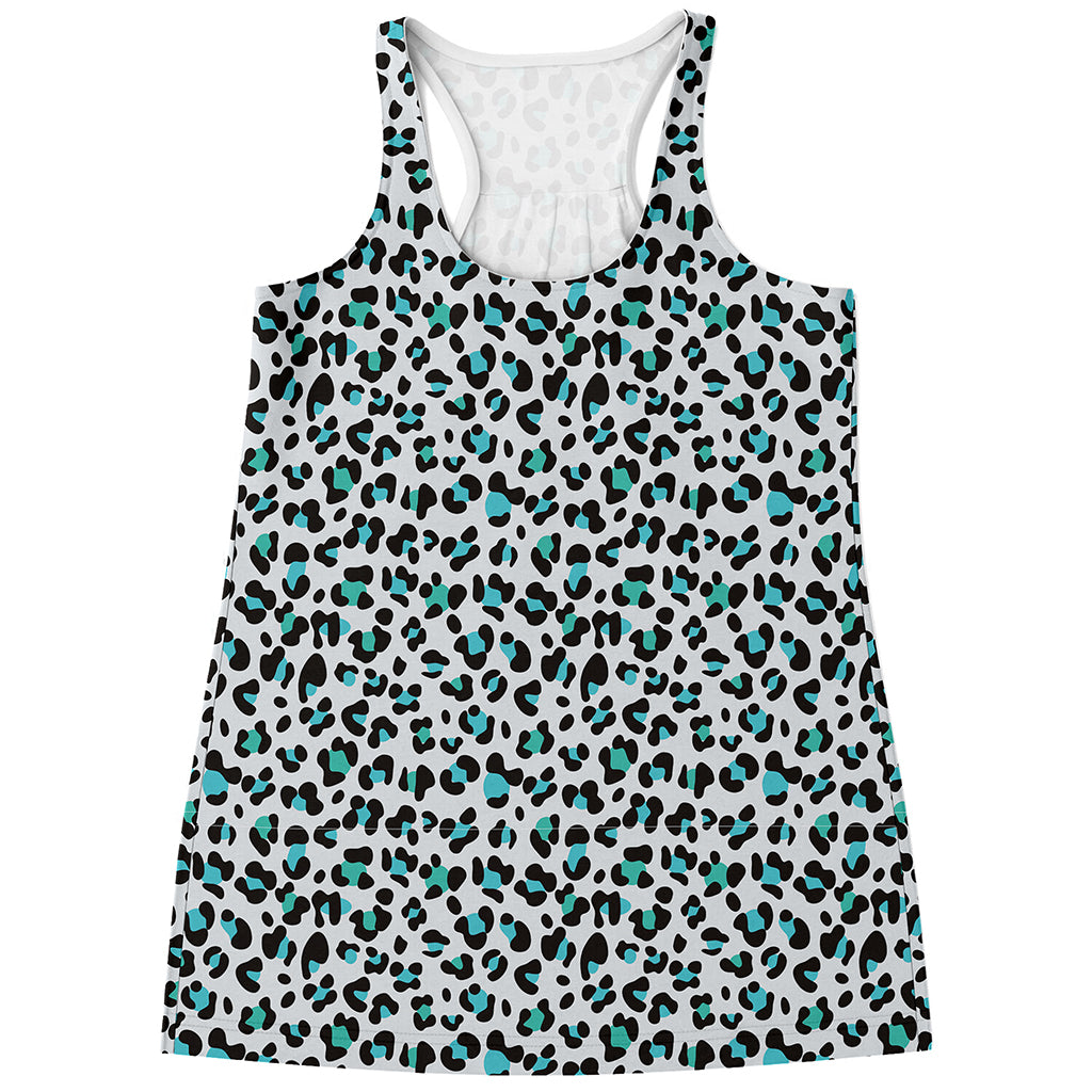 White And Teal Leopard Print Women's Racerback Tank Top
