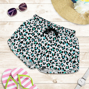 White And Teal Leopard Print Women's Shorts