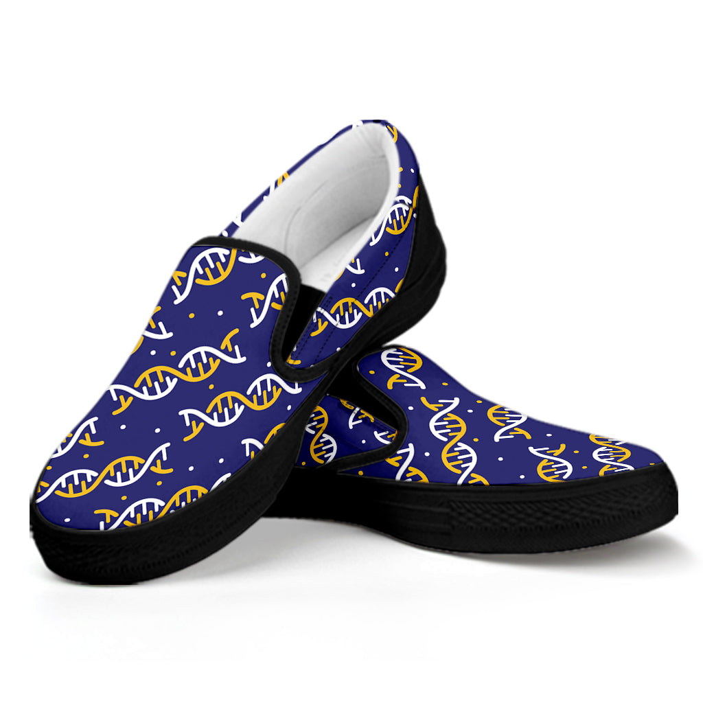 White And Yellow DNA Pattern Print Black Slip On Shoes
