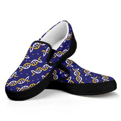 White And Yellow DNA Pattern Print Black Slip On Shoes