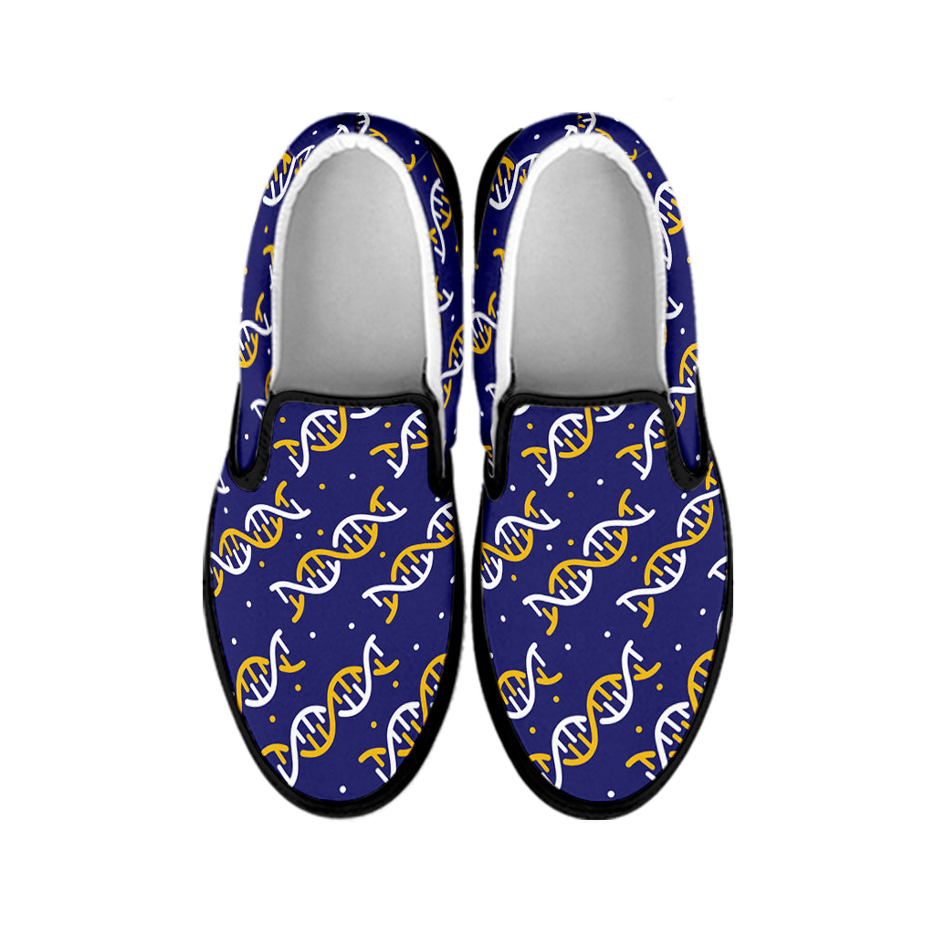 White And Yellow DNA Pattern Print Black Slip On Shoes