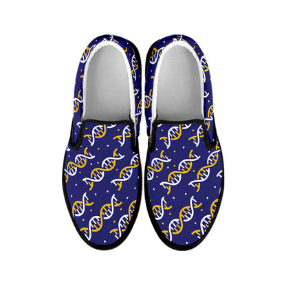 White And Yellow DNA Pattern Print Black Slip On Shoes