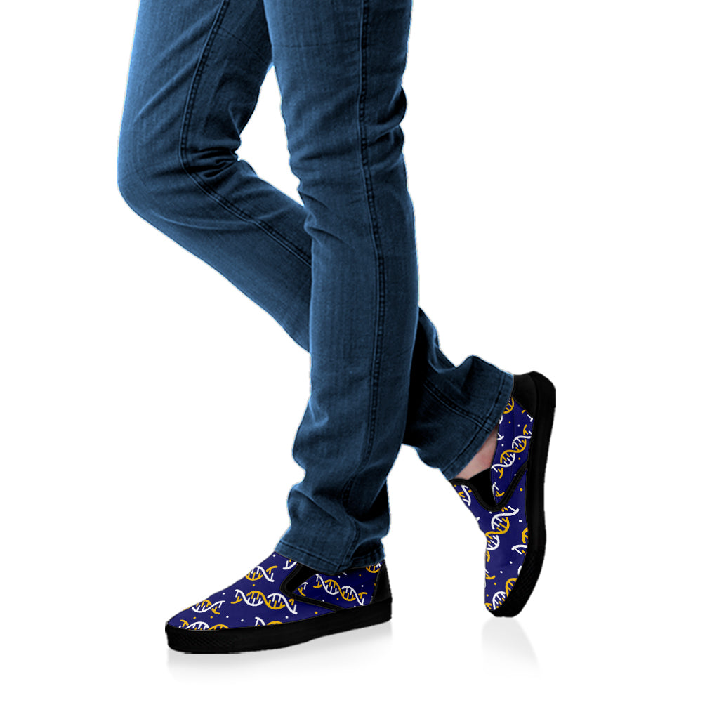 White And Yellow DNA Pattern Print Black Slip On Shoes