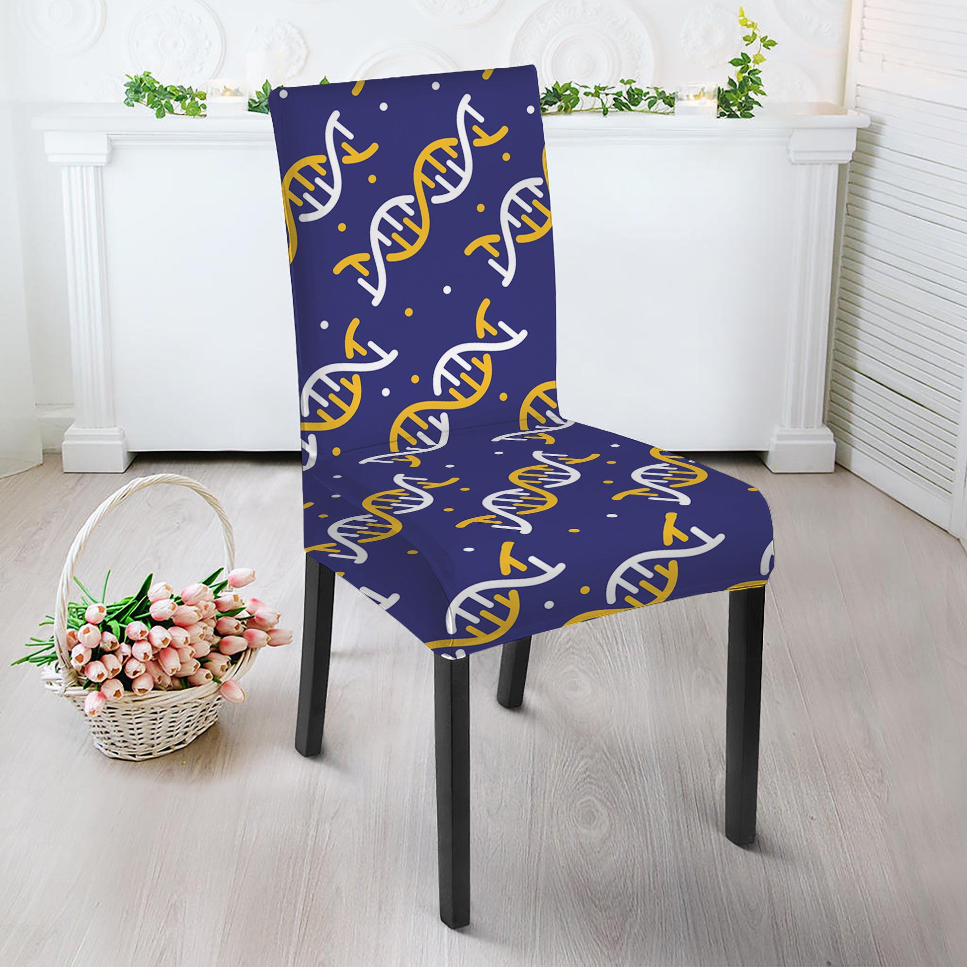 White And Yellow DNA Pattern Print Dining Chair Slipcover