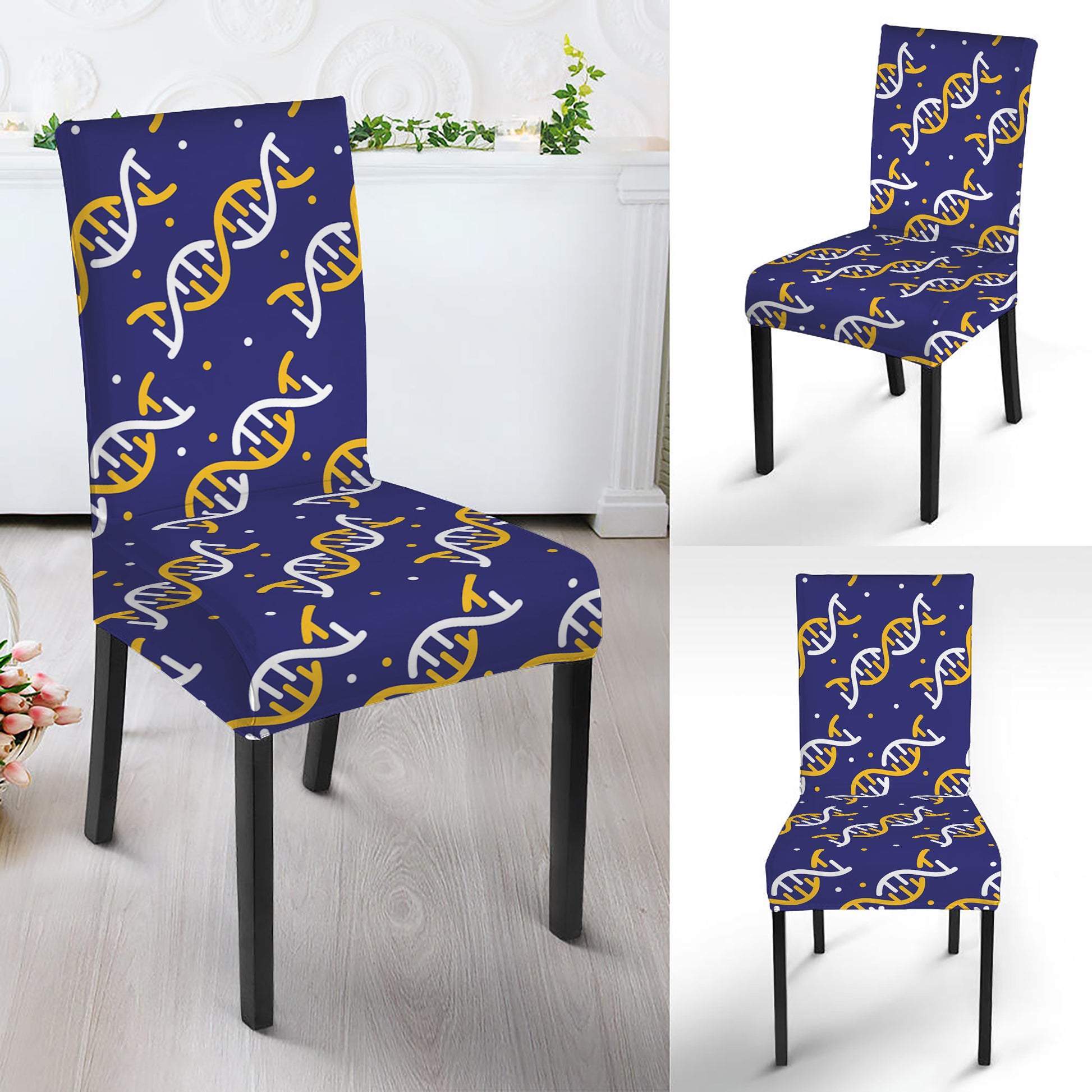 White And Yellow DNA Pattern Print Dining Chair Slipcover