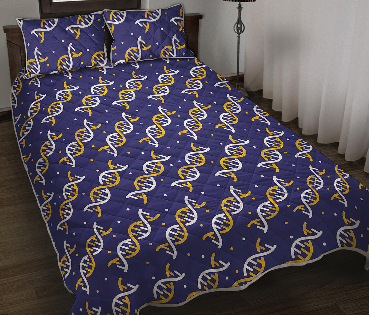 White And Yellow DNA Pattern Print Quilt Bed Set