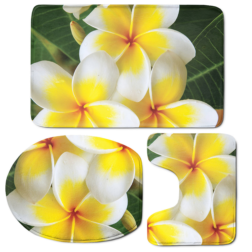 White And Yellow Plumeria Flower Print 3 Piece Bath Mat Set