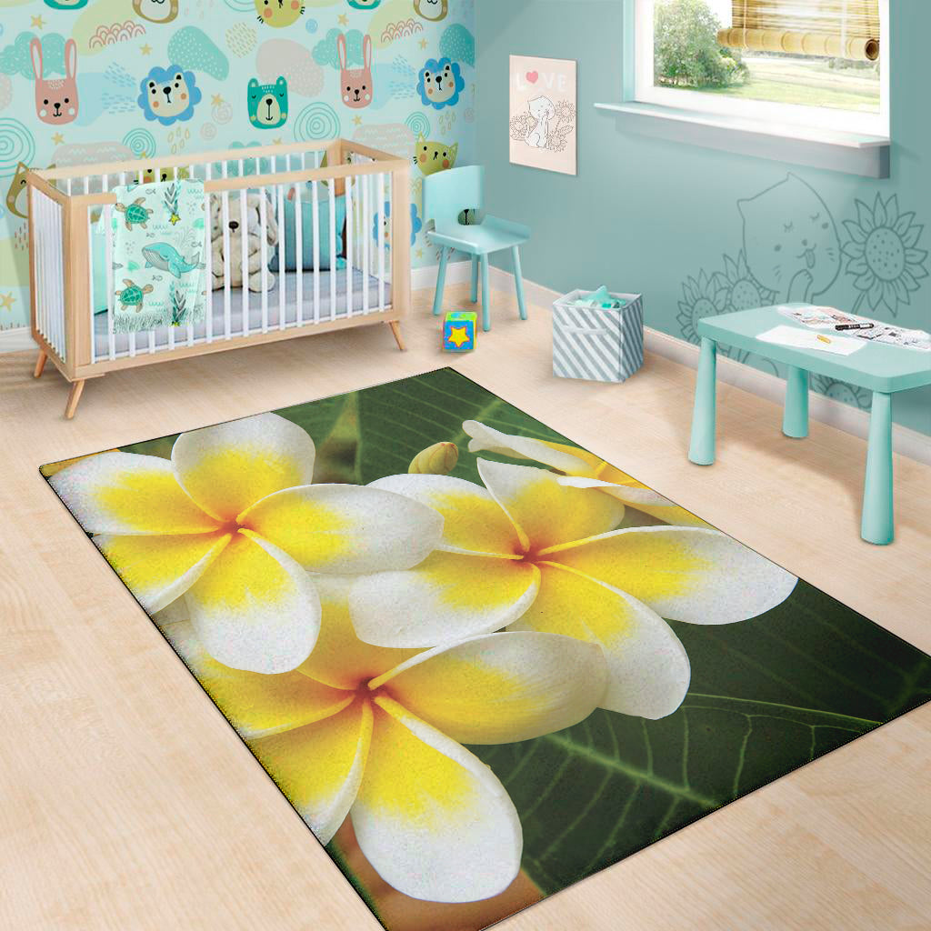 White And Yellow Plumeria Flower Print Area Rug