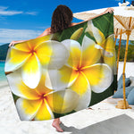 White And Yellow Plumeria Flower Print Beach Sarong Wrap